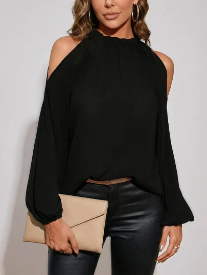 Plus Size Women's Solid Color Open Shoulder Long Sleeve Casual Loose Blouse, Spring/Summer Black