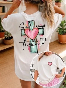 基督教“上帝永远良善”十字架字母印花T恤，休闲短袖圆领信仰服饰，男女皆宜夏季款 - 白色 - 查看 5