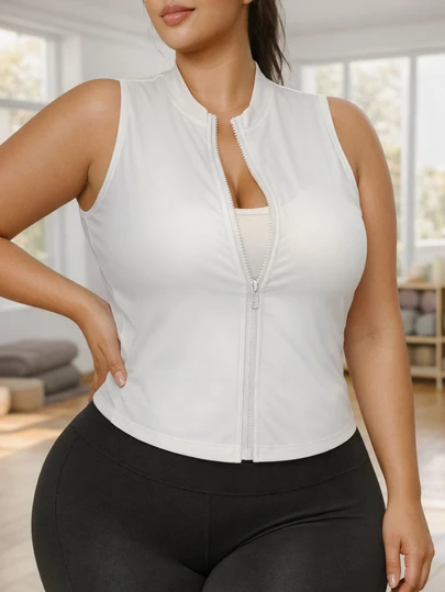 Plus Size Women Slim Fit Full Zip Sports Vest, Lightweight Stand Collar Outdoor Running Hiking Fitness Top, Suitable For Tennis, Jogging, Yoga