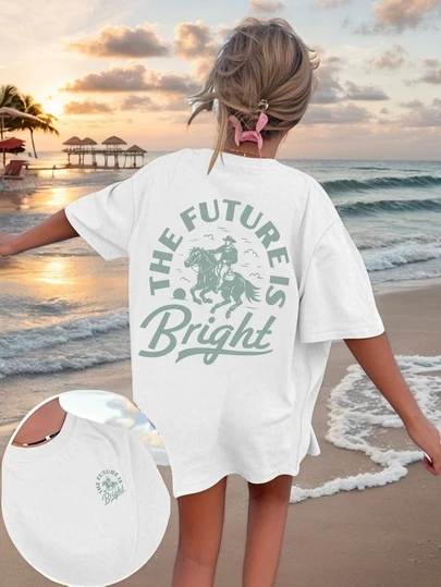 Future Is Bright' Cowgirl Graphic T-Shirt, Regular Fit Western Pattern Tee, Comfortable Casual Short Sleeve Top, Stylish Cowgirl Crew Neck Apparel
