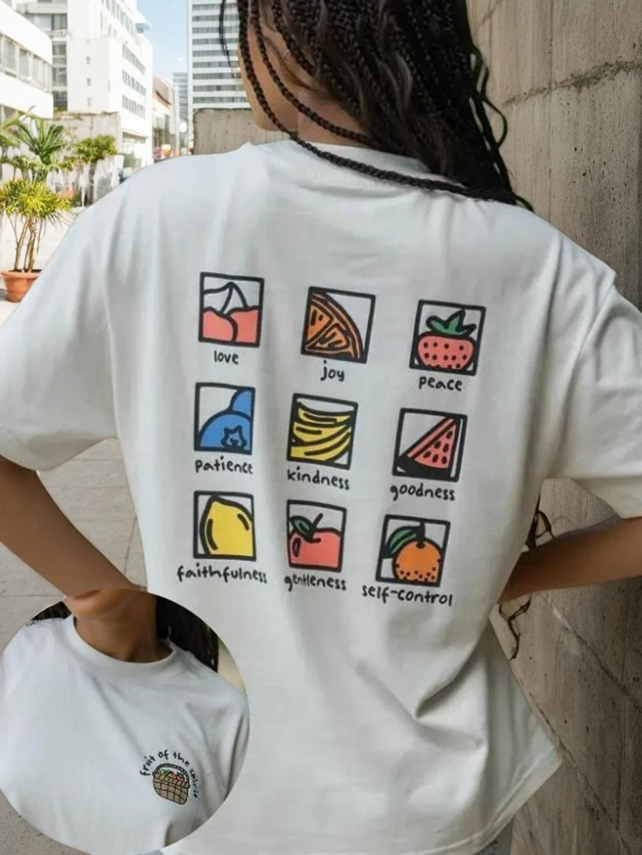 “圣灵的果子”基督教女式常规版型T恤，饰有圣经奉献篮图案，印有励志经文，短袖上衣，休闲圆领，信仰服饰，白色，夏季款 - 白色 - 查看 1
