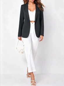 欧美秋冬新款时尚优雅翻领单扣修身女式西装外套 - 灰色 - 查看 3