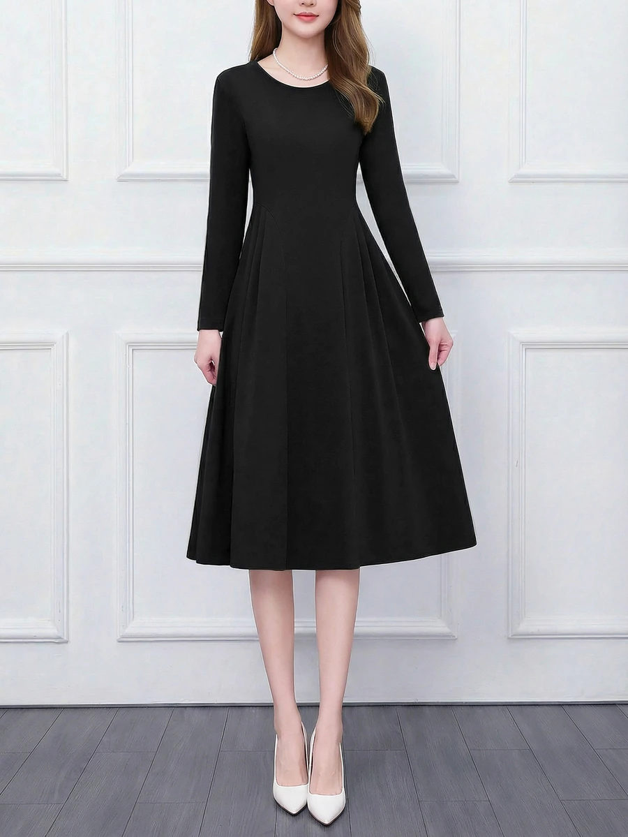 Women's Elegant Black A Line Midi Dress With Long Sleeves Round Neck Knitted Fabric Pleated Flared Hem And Zipper Details - Black - View 1