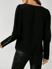 Women's Solid Color Round Neck Lantern Sleeve Long Sleeve Top - Black - View 2