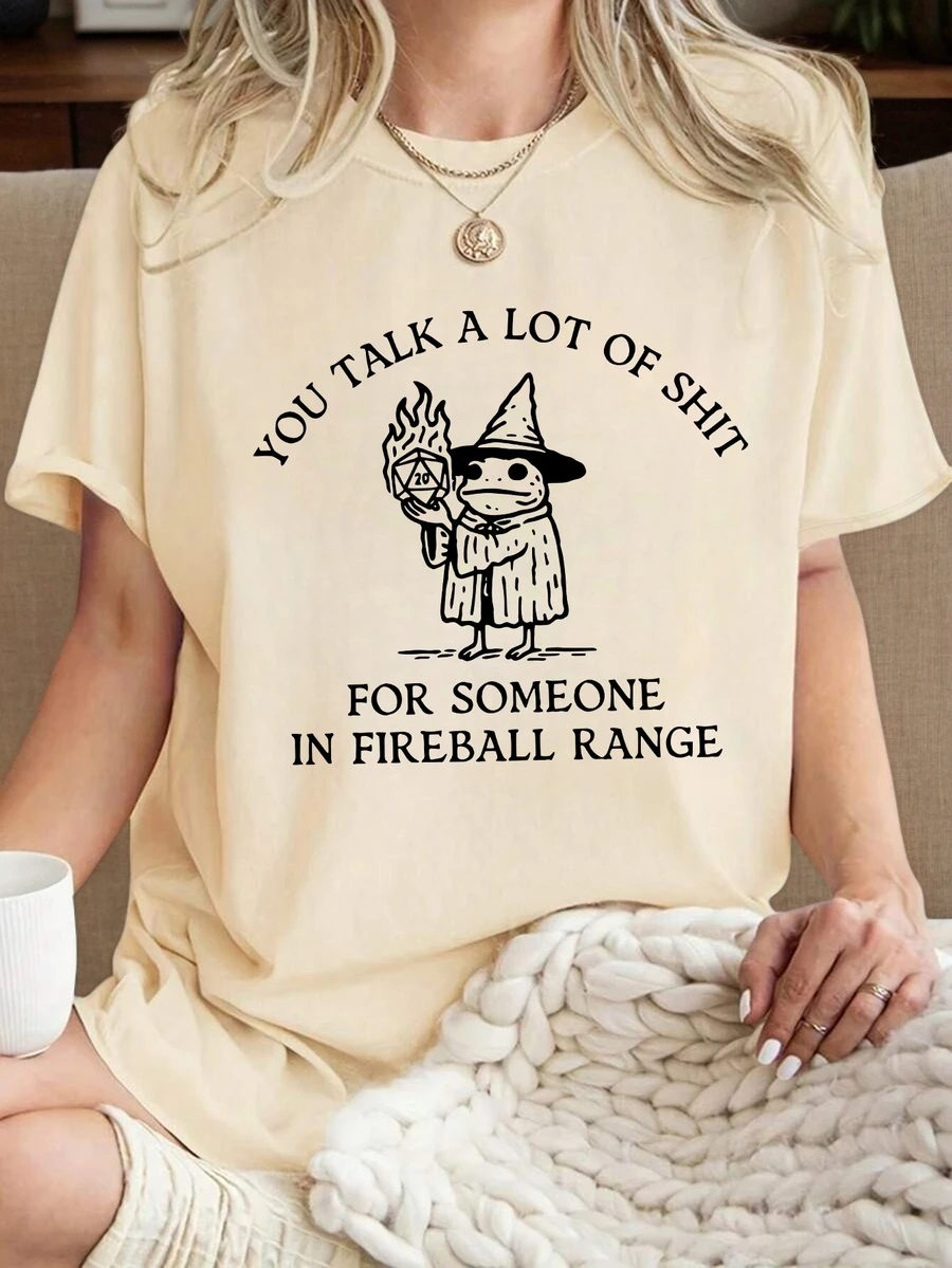 Fireball Spell Sarcastic Witch Graphic T-Shirt, Regular Fit Tabletop RPG Gamer Tee, Comfortable 2026 Funny Wizard Slogan Pullover, Casual Crewneck Fantasy Game Outfit - Apricot - View 1