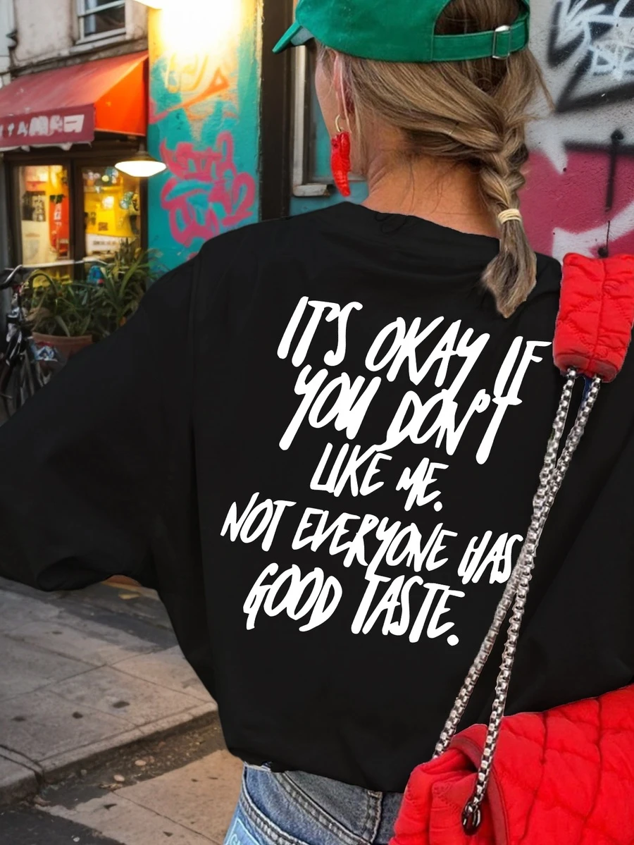 女士“我不在乎你是否喜欢我”图案T恤，常规版型趣味标语T恤，舒适“并非人人都有好品味”讽刺休闲圆领上衣 - 黑色 - 查看 1