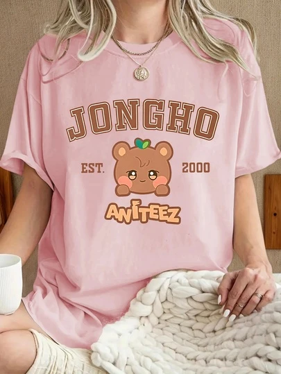 Cartoon Version Kpop Girl Group Fan T-Shirt, Regular Fit Animal Graphic Tee, Comfortable 2026 Concert Short Sleeve Top, Casual Crew Neck Idol Group Fan Apparel