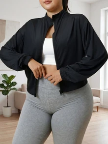 大码女式休闲跑步运动外套，宽松版型全拉链立领瑜伽健身运动上衣，适合户外慢跑徒步，黑色春季款 - 黑色 - 查看 2