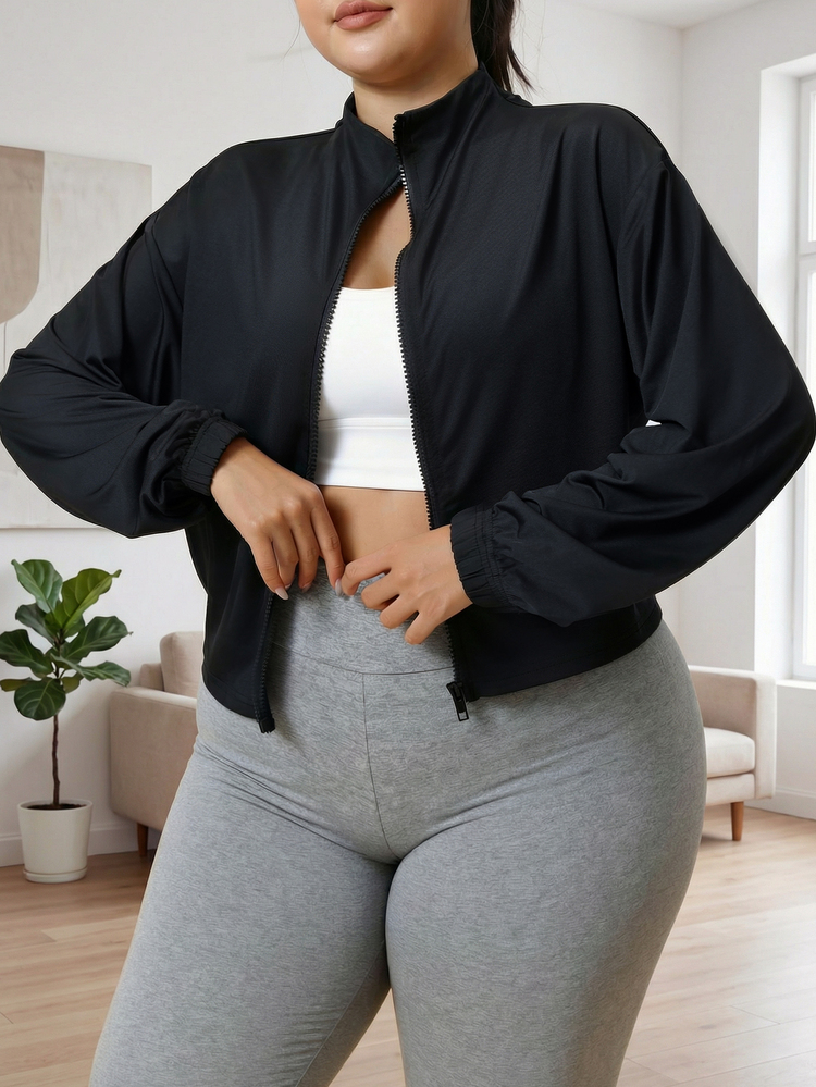 Plus Size Women Casual Running Sports Jacket, Loose Fit Full Zip Stand Collar Yoga Fitness Workout Activewear Top, Suitable For Outdoor Jogging Hiking - Black - View 2