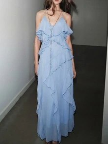 Elegant Women's Sleeveless Cami Long Dress With Ruffle Details And Spaghetti Straps In Light Blue Woven Fabric - Light Wash - View 1