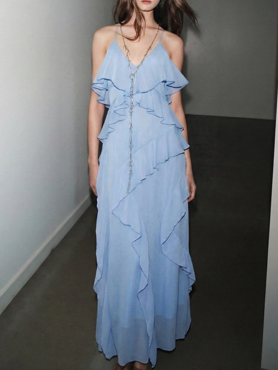 Elegant Women's Sleeveless Cami Long Dress With Ruffle Details And Spaghetti Straps In Light Blue Woven Fabric - Light Wash - View 1