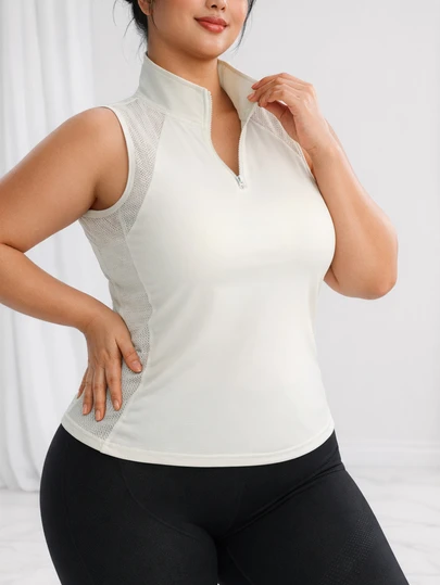Plus Size Women Sleeveless Mesh Sports Tank Top, Half Zip Mandarin Collar Fitted Workout Shirt, Suitable For Outdoor Running, Yoga, Tennis