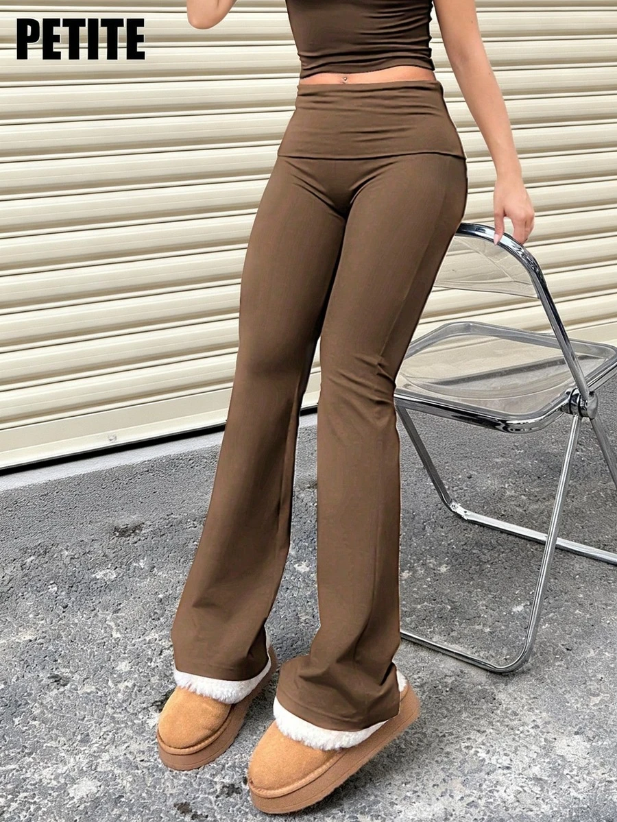 女式纯色翻边腰休闲喇叭紧身裤 - 摩卡棕 - 查看 1