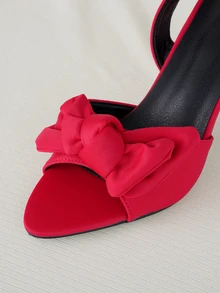 Clariva Women's Pointed Toe Satin High Heel Sandals With Bow Decor, Elastic Ankle Strap, Suitable For Party, Daily Wear, Wedding, Gathering, Casual Holiday, Elegant Commute, Summer Fashion, Red Color - Red - View 4