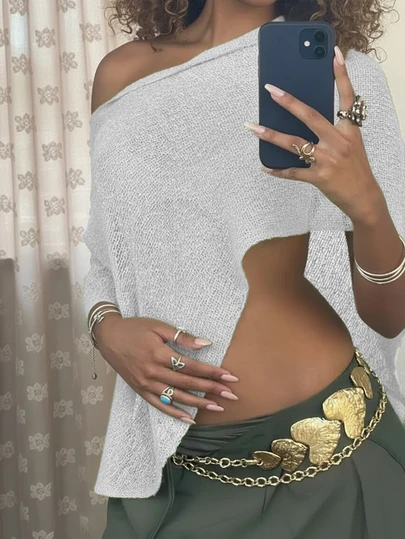 Sylvia Women's Asymmetrical Batwing Sleeve Cover Up Style Short Sleeve Asymmetric Shoulder Loose Casual Lightweight Sheer Knit Cover Up, Suitable For Summer Beach Vacation