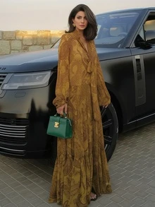 2026 Holiday Travel Road Long Print Dress, Summer Vacation Casual Loose Flowing Beach Dress, Elegant Dresses For Women, Spring To Summer Carnival - Yellow - View 6