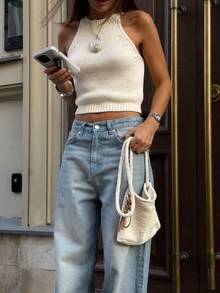 Women's Sleeveless Cropped Knit Top, Solid Color Fitted Round Neck - Cute Casual Street Style, Versatile Essential - Apricot - View 3