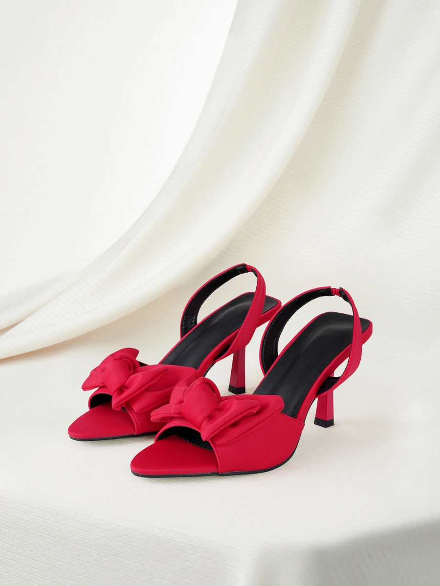 Clariva Women's Pointed Toe Satin High Heel Sandals With Bow Decor, Elastic Ankle Strap, Suitable For Party, Daily Wear, Wedding, Gathering, Casual Holiday, Elegant Commute, Summer Fashion, Red Color - Red - View 1