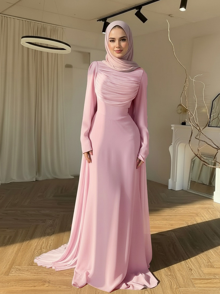 Damklänning med enfärgad vävd sjalkrage, rynkad midja, A-linjeformad, dubbelfodrad, elegant och chic, arabisk bröllopsklänning för semester - Rosa - Visa 2