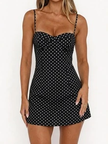 新款性感修身优雅迷你吊带裙，夏季/波点连衣裙 - 黑色 - 查看 1