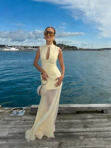 Damen elegantes, lässiges Urlaubskleid mit Mandarin-Kragen und schlanker Passform aus Chiffon - Gelb - Übersicht 4