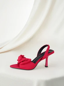 Clariva Women's Pointed Toe Satin High Heel Sandals With Bow Decor, Elastic Ankle Strap, Suitable For Party, Daily Wear, Wedding, Gathering, Casual Holiday, Elegant Commute, Summer Fashion, Red Color - Red - View 3