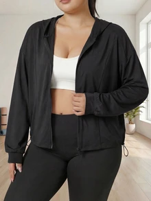 Plus Size Women Drawstring Hem Hooded Sports Jacket, Casual Everyday Full Zip Hoodie Sweatshirt, Outdoor Running Fitness Yoga Workout Top
