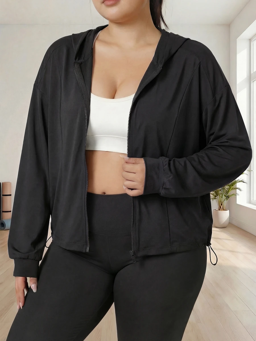 Plus Size Women Drawstring Hem Hooded Sports Jacket, Casual Everyday Full Zip Hoodie Sweatshirt, Outdoor Running Fitness Yoga Workout Top
