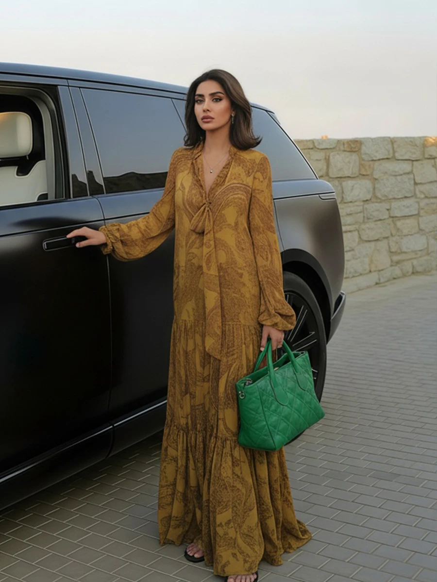 2026 Holiday Travel Road Long Print Dress, Summer Vacation Casual Loose Flowing Beach Dress, Elegant Dresses For Women, Spring To Summer Carnival - Yellow - View 1