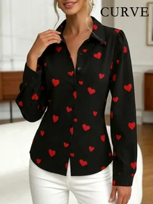 加大码女士心形印花修身长袖衬衫，情人节服装 - 黑色 - 查看 2