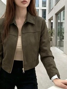 女士仿麂皮领纯色拉链外套，休闲百搭，适合上学、机场、春秋季穿着