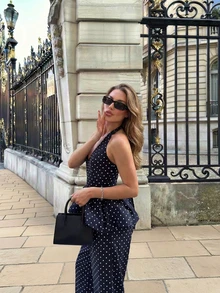 Navy Blue Polka Dot Elegant Women's Jumpsuit Set, V-Neck Ruffle Waist Wide Leg Pants 2-Piece Outfit For Daily, Brunch, Party Wear Summer - Royal Blue - View 1