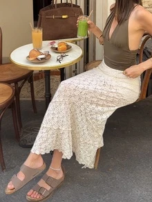 女士奶油色蕾丝长裙 | 层叠荷叶边半透明中长裙，适合度假和春季街头穿着 - 杏色 - 查看 5