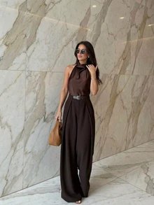 Women's Elegant Sleeveless Backless Camisole Top, Summer - Coffee Brown - View 5