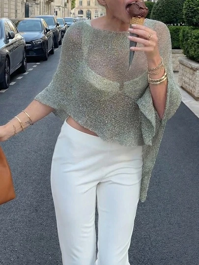 FOR BEAUTY קיץ חדש לנשים צעיף סריג מצולעים, מכפלת אסימטרית מנצנצת בד קל משקל ונושם, גזרה רופפת מתאימה לדמויות שונות, טופ קז'ואל חוף, תלבושת קיץ בסגנון בוהמי
