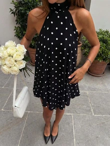 Women's Black Polka Dot Top 2026 Spring Backless Tie Back Asymmetric Hem Sleeveless Elegant Casual Vacation Party Daily Wear Blouse - Black - View 4