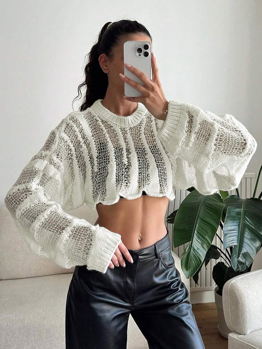 Women's Hollow Out Batwing Sleeve Loose Casual Cropped Sweater Top, Fashionable Midriff-Baring Pullover For Spring/Summer - White - View 1