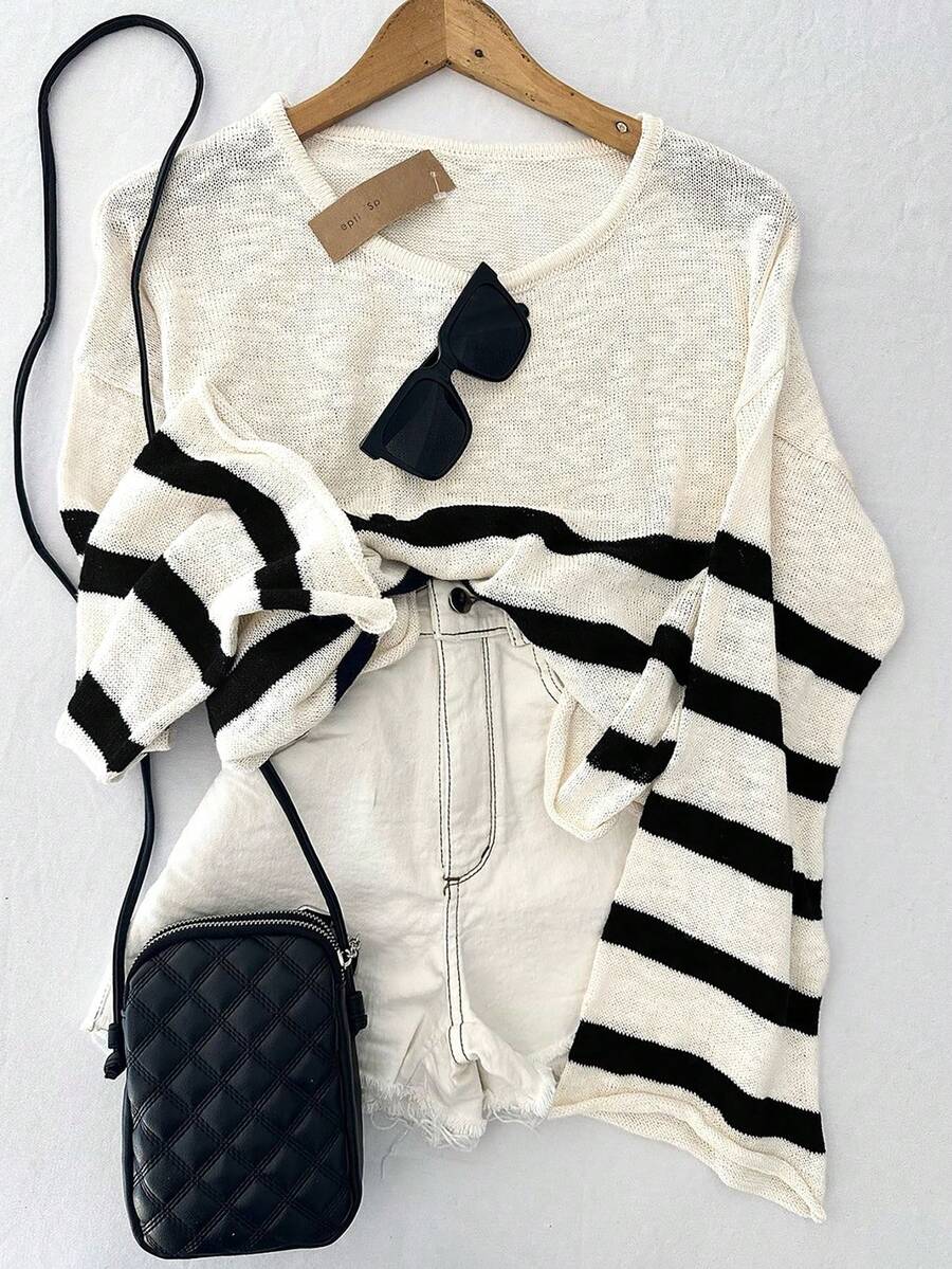 Women's Round Neck Striped Contrast Color Long Sleeve Casual Loose Sheer Comfortable Knit Top, Essential Travel & Vacation Item Spring - Black and White - View 1