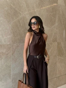 Women's Elegant Sleeveless Backless Camisole Top, Summer - Coffee Brown - View 3