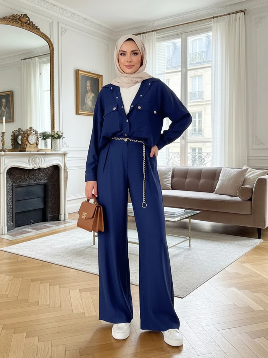 2pcs Elegant Women's Carnival Costume Set, Featuring A Subdued Luxury Navy Blue Shirt With Metal Snap Buttons Contrast Top Paired With Trousers, Suitable For Commute And Casual Wear - Dusty Blue - View 1
