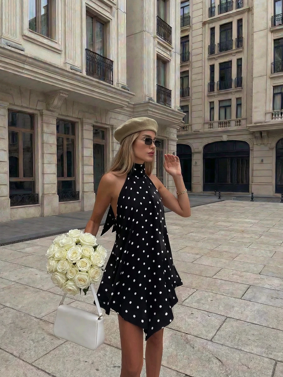 Women's Black Polka Dot Top 2026 Spring Backless Tie Back Asymmetric Hem Sleeveless Elegant Casual Vacation Party Daily Wear Blouse - Black - View 1