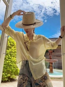 Áo sơ mi dài tay cài cúc màu trơn dành cho nữ, áo tay dài, trang phục chống nắng, thích hợp mặc quanh năm vào mùa xuân. - Vàng nhạt - Xem 4