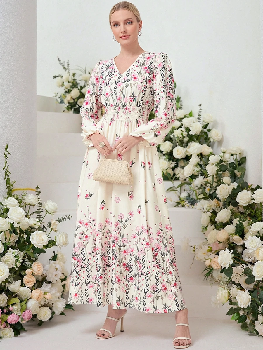 优雅印花波西米亚风长袖连衣裙，适合约会、度假、日常穿着，春秋季皆宜。 - 杏色 - 查看 1