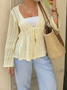 女士白色钩针编织开衫 | 系带V领长袖薄纱罩衫，适合海滩度假 - 杏色 - 查看 5