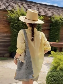 Áo sơ mi dài tay cài cúc màu trơn dành cho nữ, áo tay dài, trang phục chống nắng, thích hợp mặc quanh năm vào mùa xuân. - Vàng nhạt - Xem 3