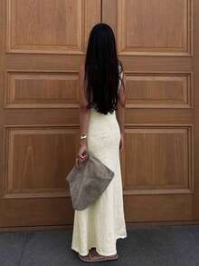 Women's Round Neck Sleeveless French Elegant Fitted Maxi Dress, Button Decor, Casual Everyday Wear, Travel & Street Style Spring - Apricot - View 2