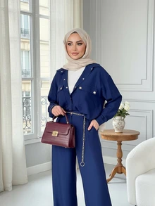 2pcs Elegant Women's Carnival Costume Set, Featuring A Subdued Luxury Navy Blue Shirt With Metal Snap Buttons Contrast Top Paired With Trousers, Suitable For Commute And Casual Wear - Dusty Blue - View 4