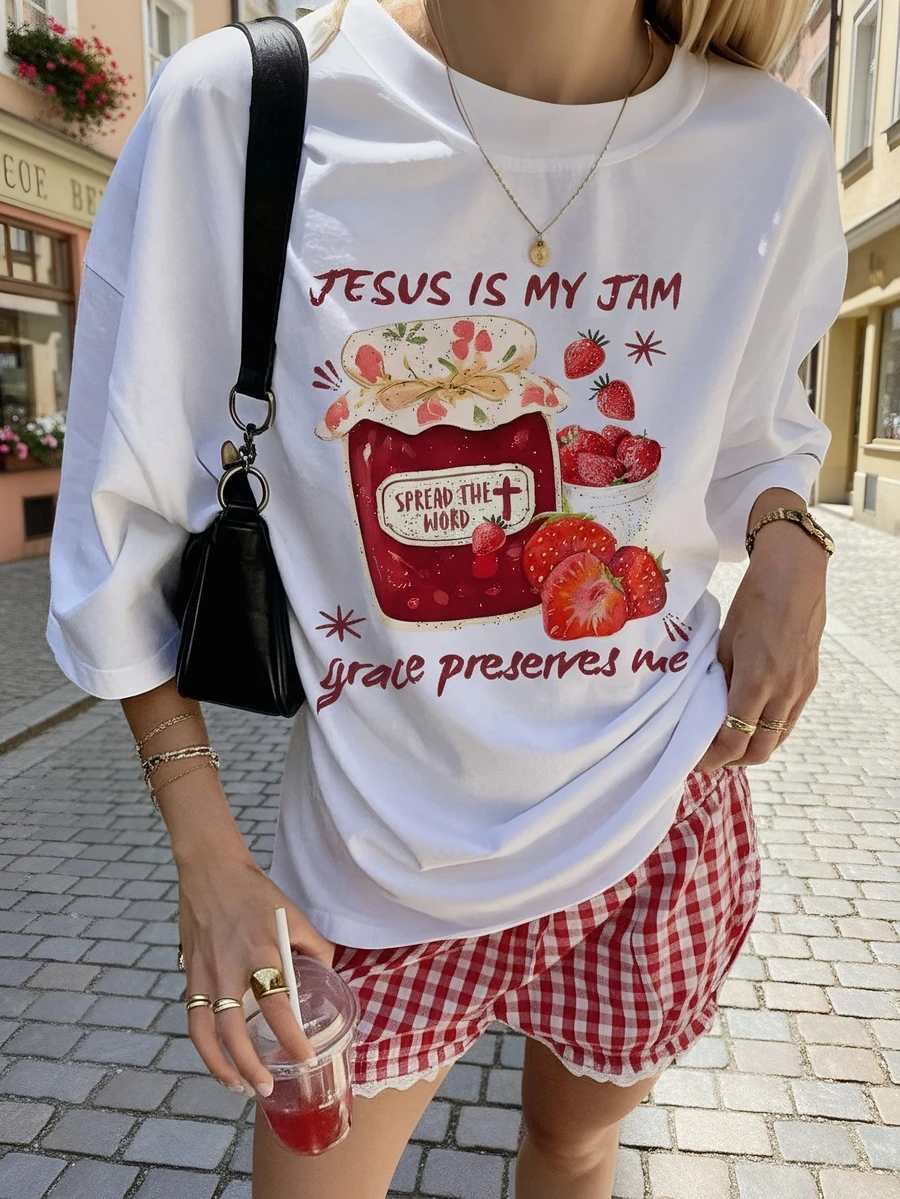 女士草莓印花圆领短袖T恤，休闲日常穿着 - 白色 - 查看 1