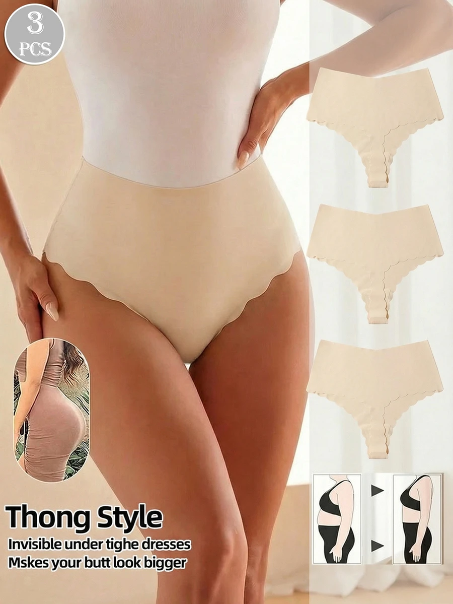 3pcs High Waist Seamless Women's Thong Panties, Sexy Butt Lifting & Tummy Control, Wavy Hem Design, Smooth Fabric, Ladies Underwear
