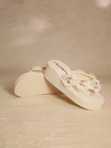 Tropiscape Spring/Summer Women's EVA Platform Wedge Flip Flops, Chinese Style Floral Tassel Bohemian Beach Slides - Beige - View 6